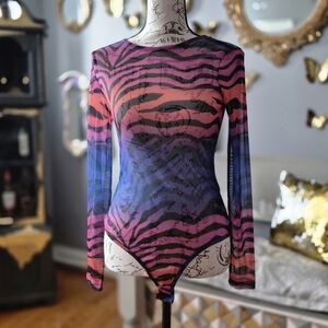 ASOS Barbiecore Pink & Blue Ombre Zebra-Print Sheer Long-Sleeve Bodysuit Small